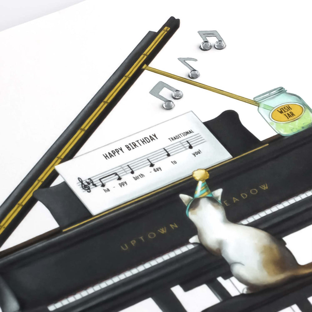 Uptown Meadow Cat Piano 3D Birthday Card detail