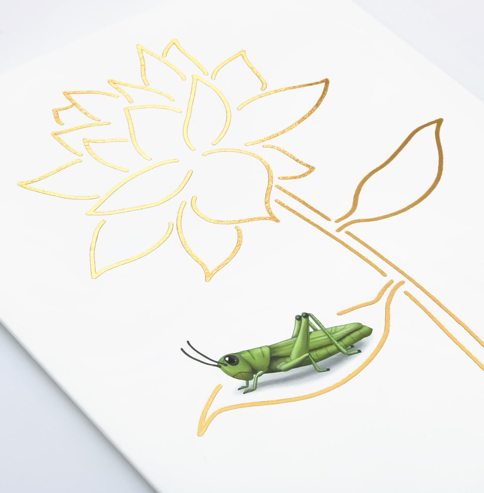 Uptown Meadow Gold Foil Grasshopper Flower Card detail