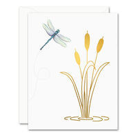 Uptown Meadow Gold Foil Dragonfly Cattails Card