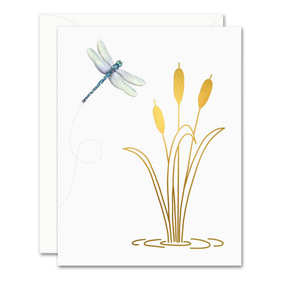 Uptown Meadow Gold Foil Dragonfly Cattails Card